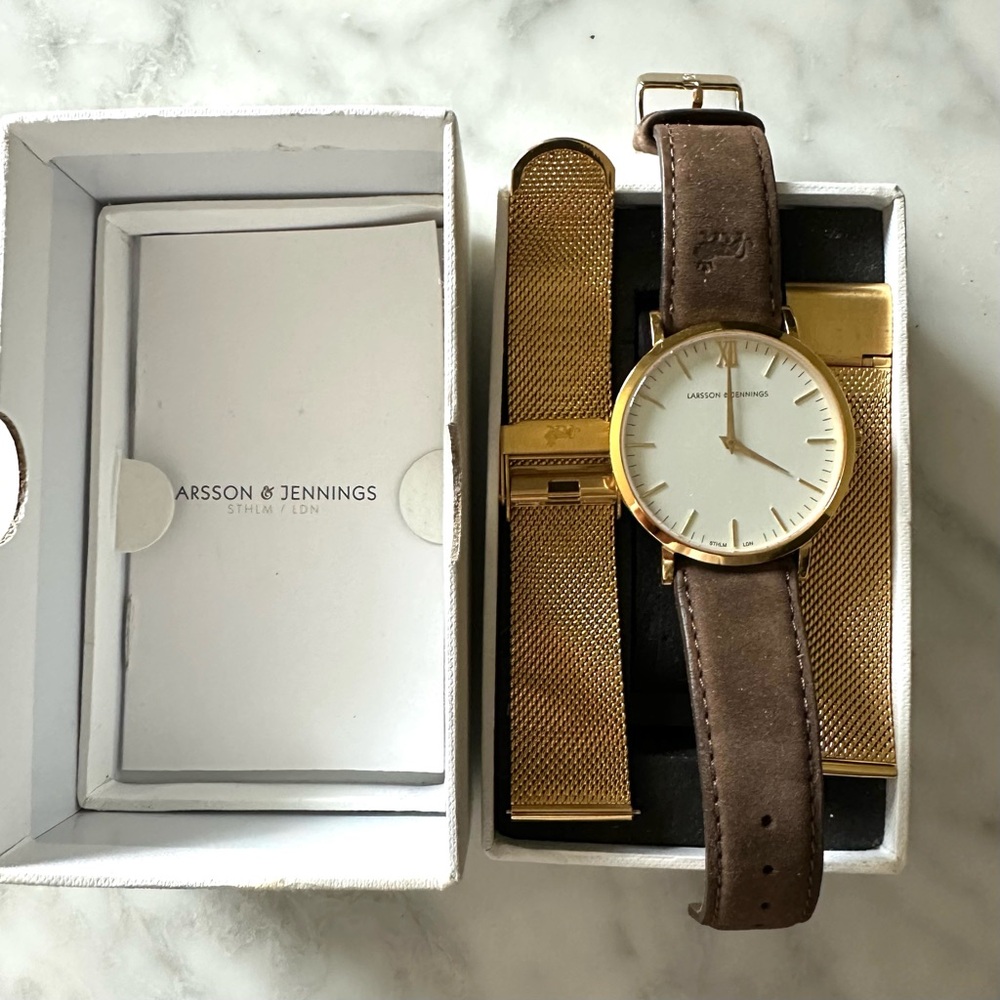 LARSSON & JENNINGS Lugano Mesh Strap Watch, 40mm - Gold and Brown Suede Straps